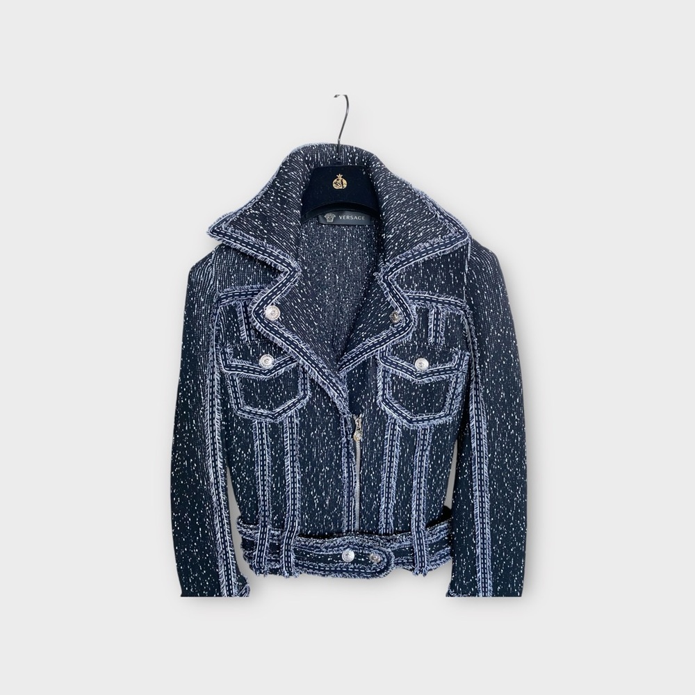 Authentic Versace cropped boucle tweed navy blue moto trucker denim jacket s m - Picture 3 of 13